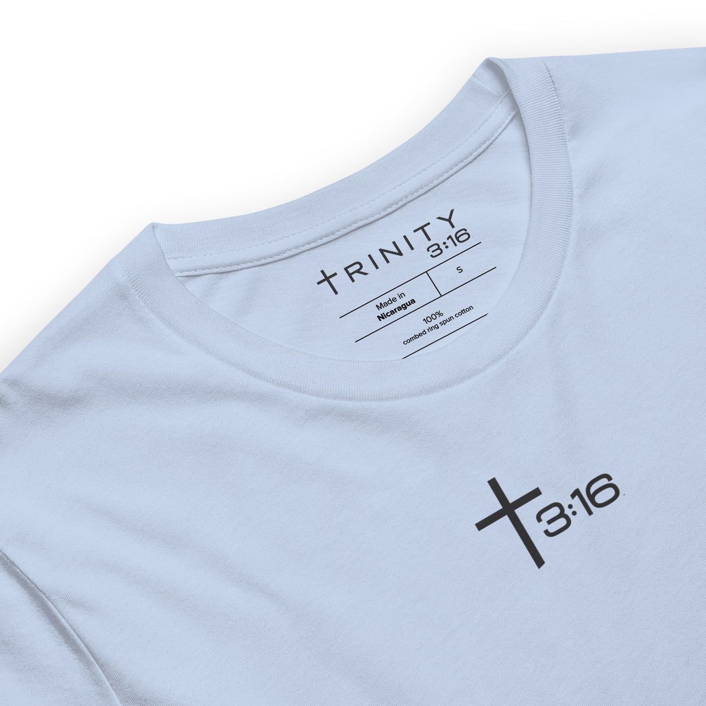 T316 Icon Christian tee in baby blue— Trinity 3:16 faith apparel