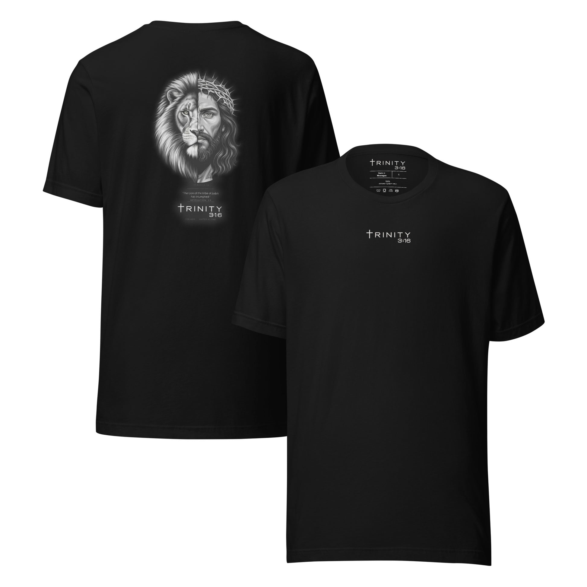 Lion of Judah Christian tee in black — Trinity 3:16 faith apparel