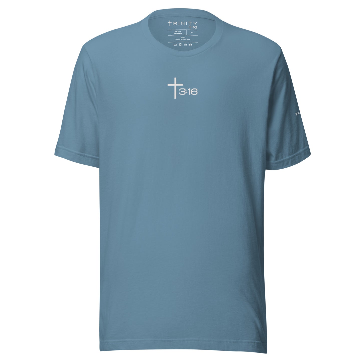 T316 Icon Christian tee in steel blue— Trinity 3:16 faith apparel