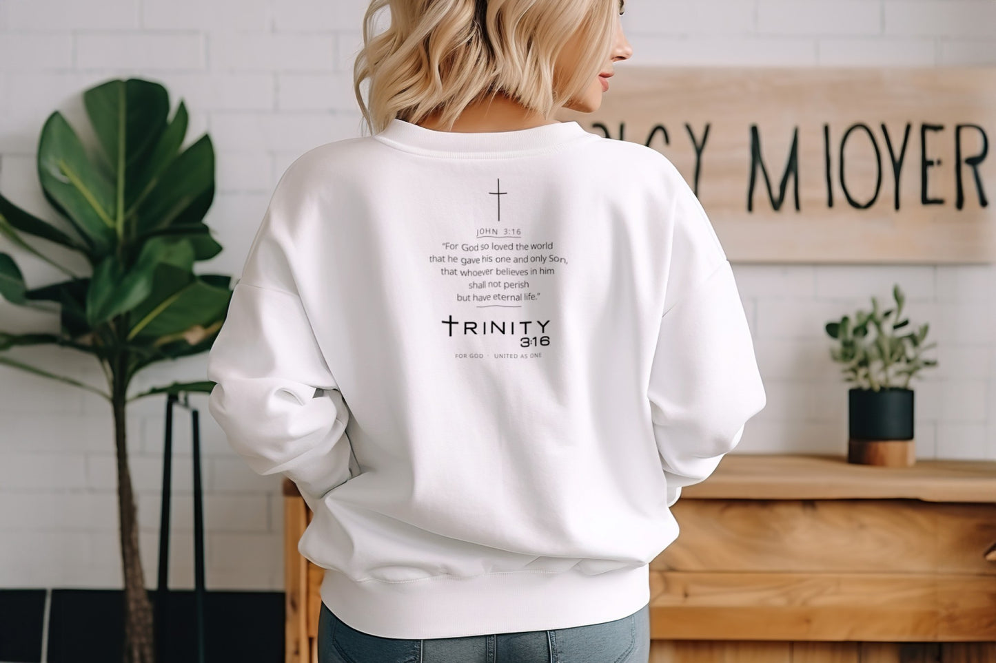 John 3:16 Christian crewneck in white— Trinity 3:16 faith apparel