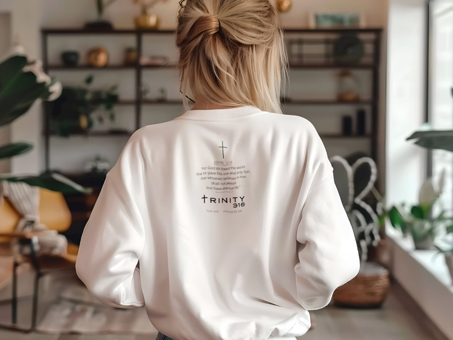 John 3:16 Christian womens crewneck in white— Trinity 3:16 faith apparel