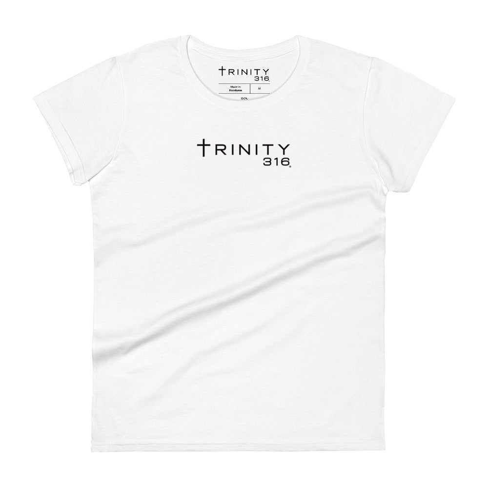 Women's fashion fit t-shirt in white featuring the trinity 316 prominently displayed on the front.