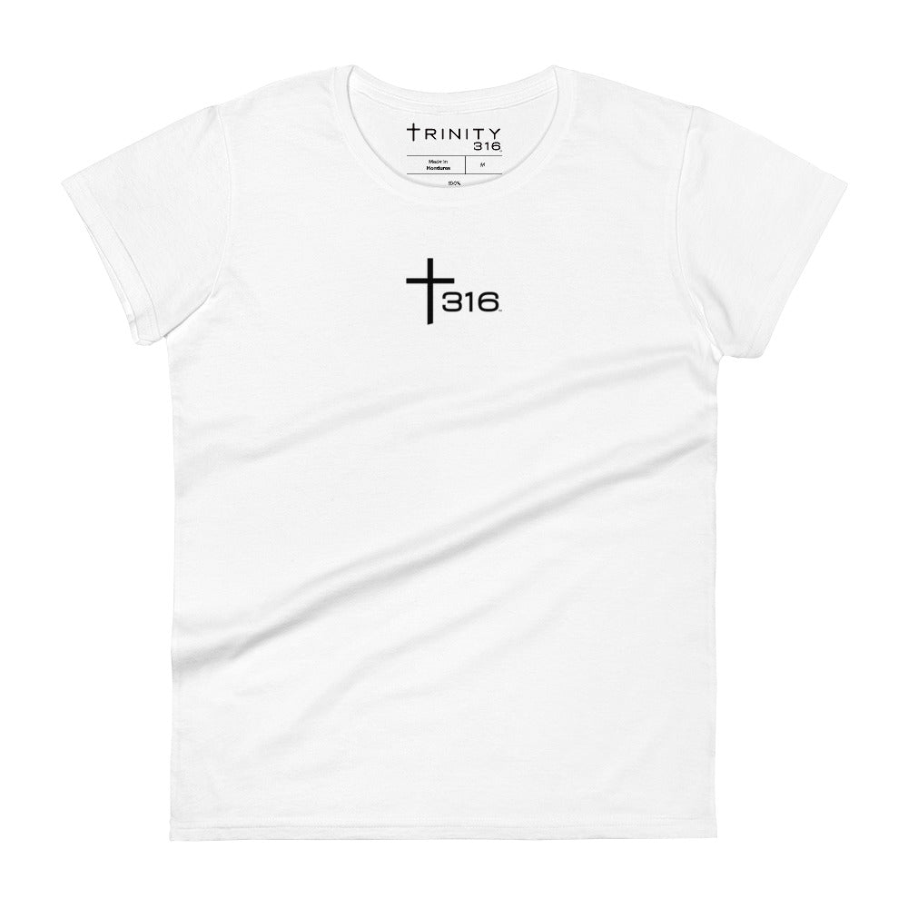 Front view of a white women's t-shirt with the word "safe" printed on it, showcasing a casual and stylish design.