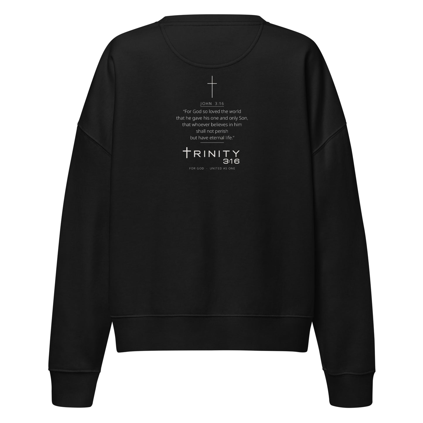 John 3:16 Christian womens crewneck in black— Trinity 3:16 faith apparel