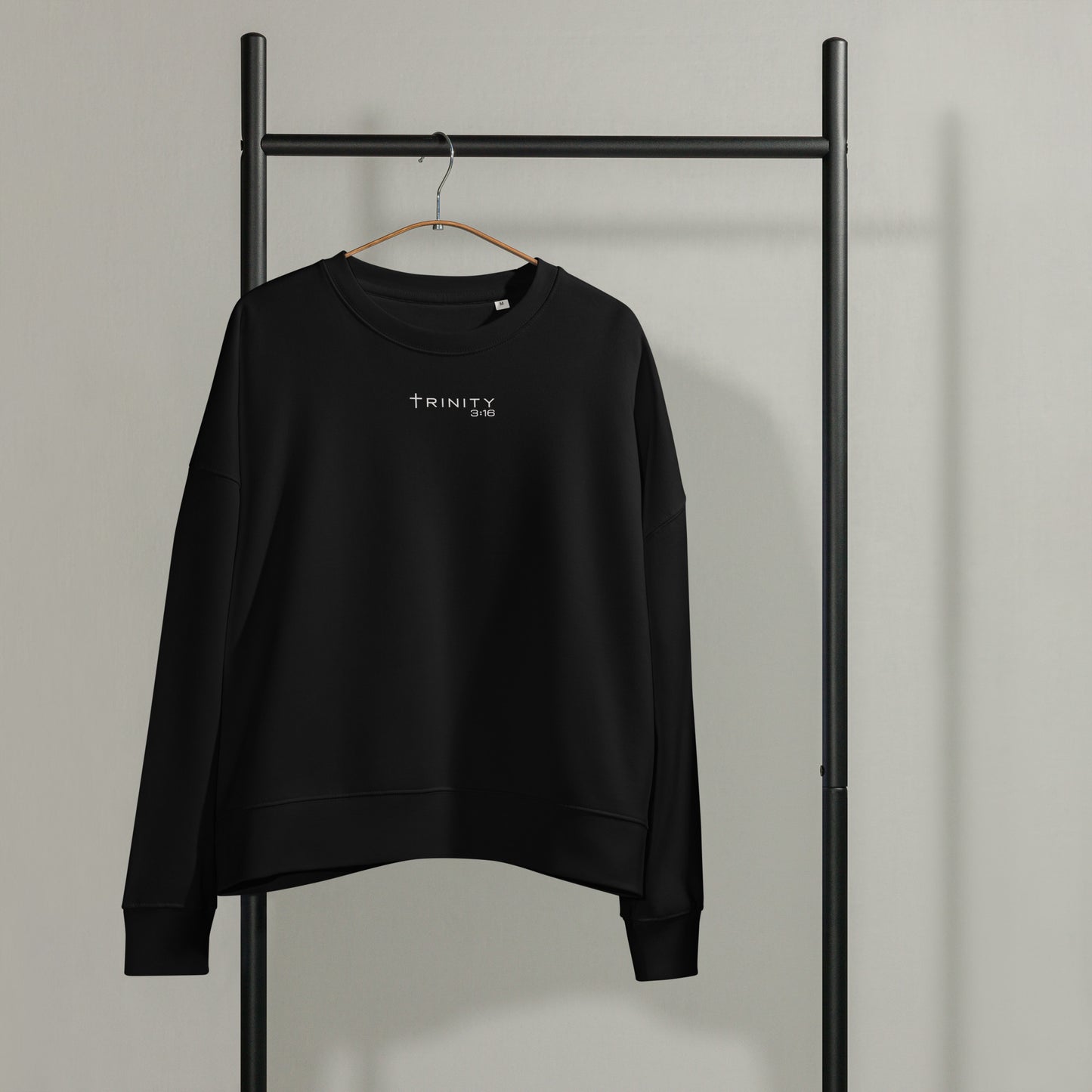 John 3:16 Christian womens crewneck in black— Trinity 3:16 faith apparel