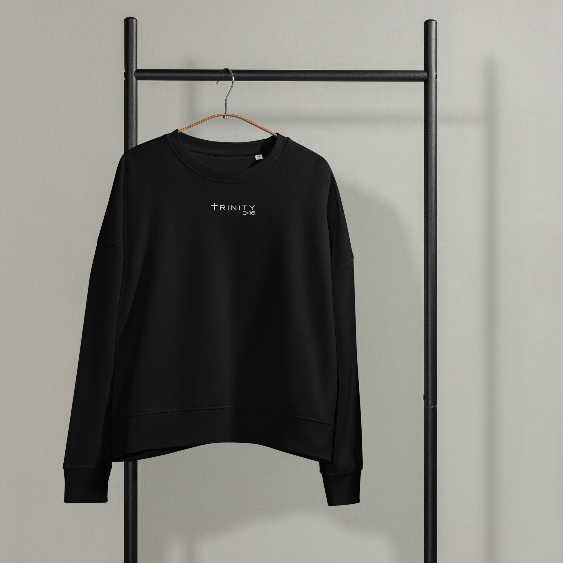 John 3:16 Christian womens crewneck in black— Trinity 3:16 faith apparel