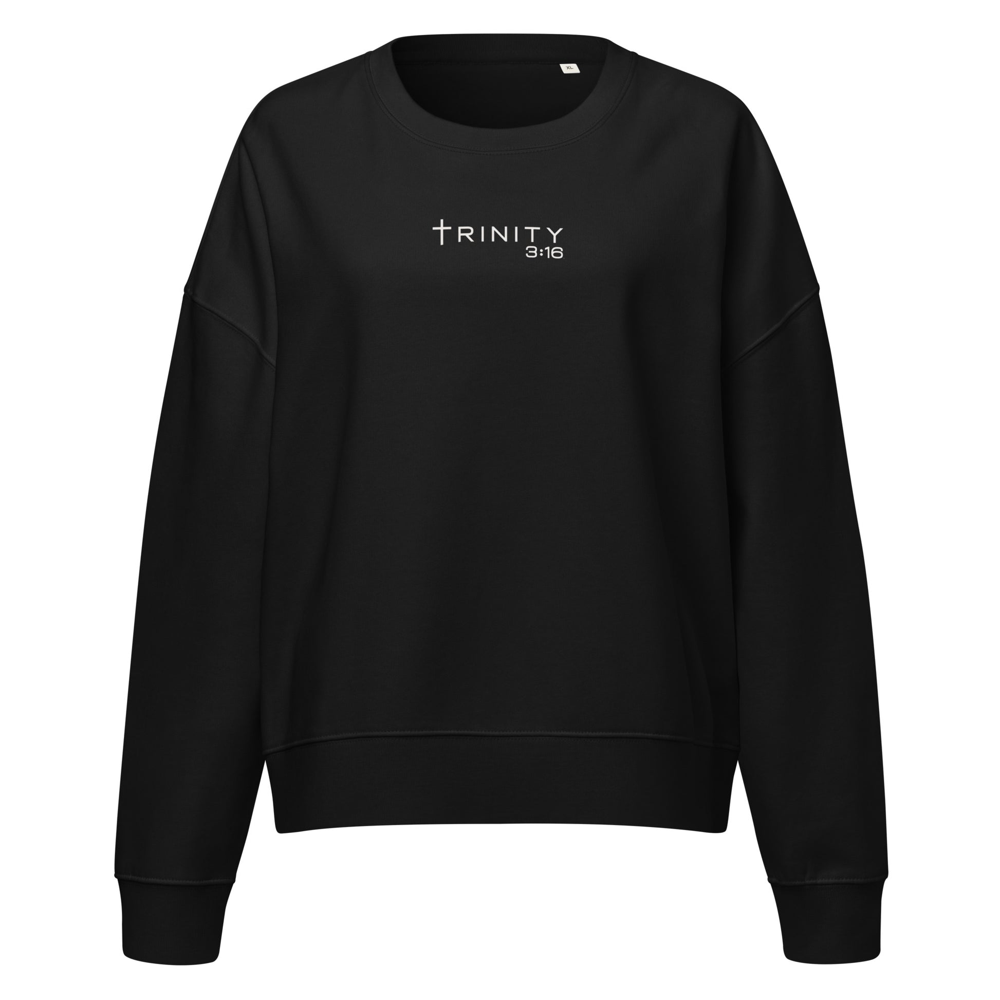 Trinity 3:16 Logo Christian womens crewneck in black— Trinity 3:16 faith apparel