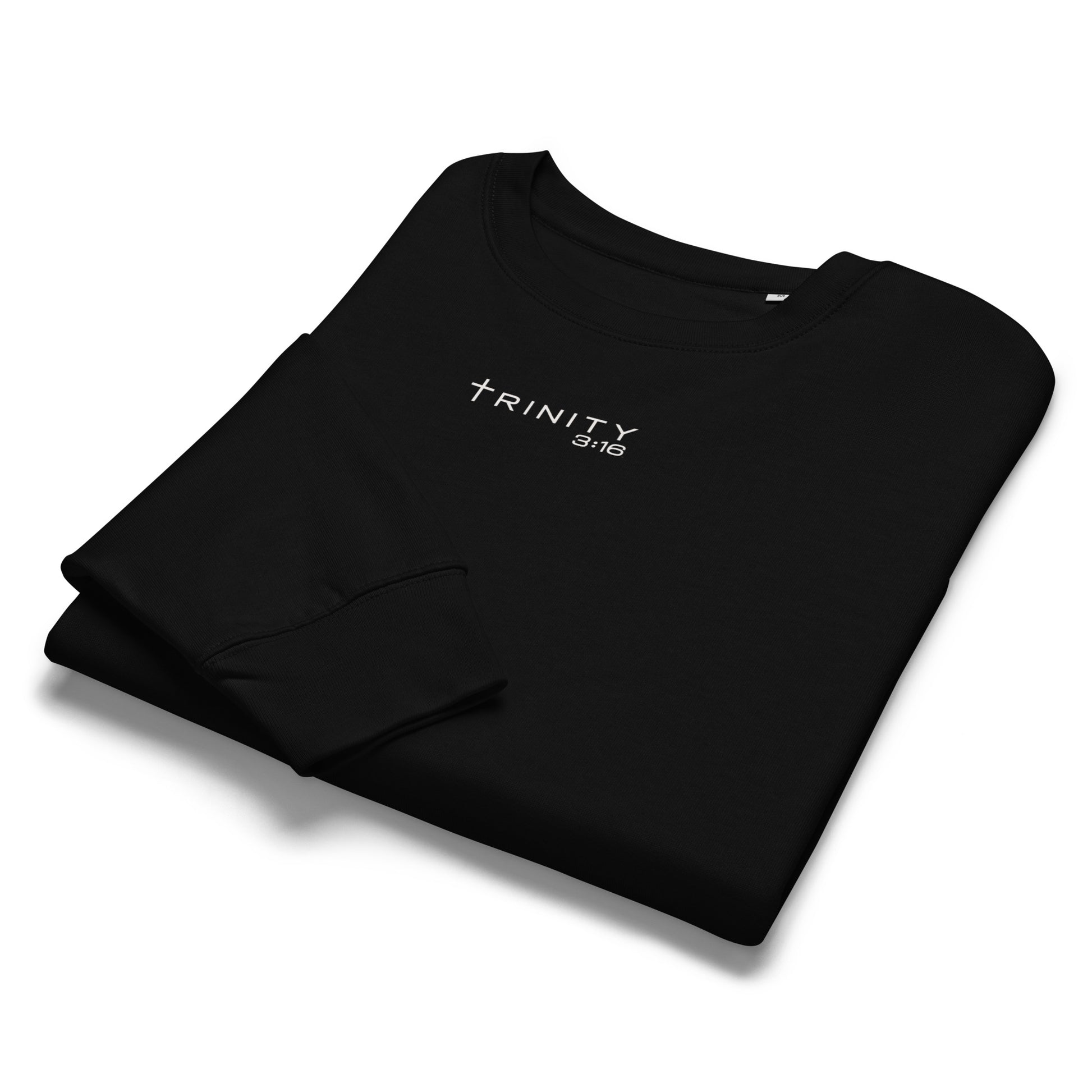Trinity 3:16 Logo Christian womens crewneck in black— Trinity 3:16 faith apparel