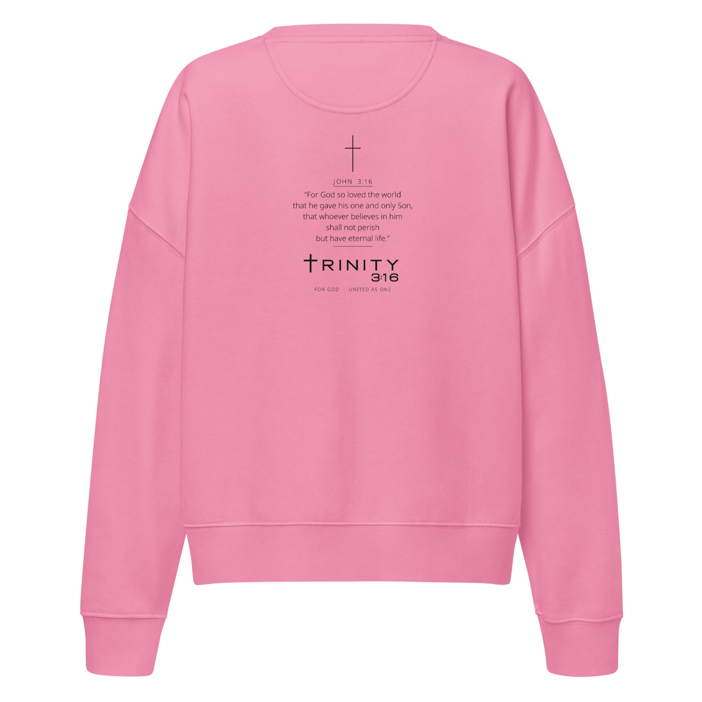 John 3:16 Christian womens crewneck in pink— Trinity 3:16 faith apparel