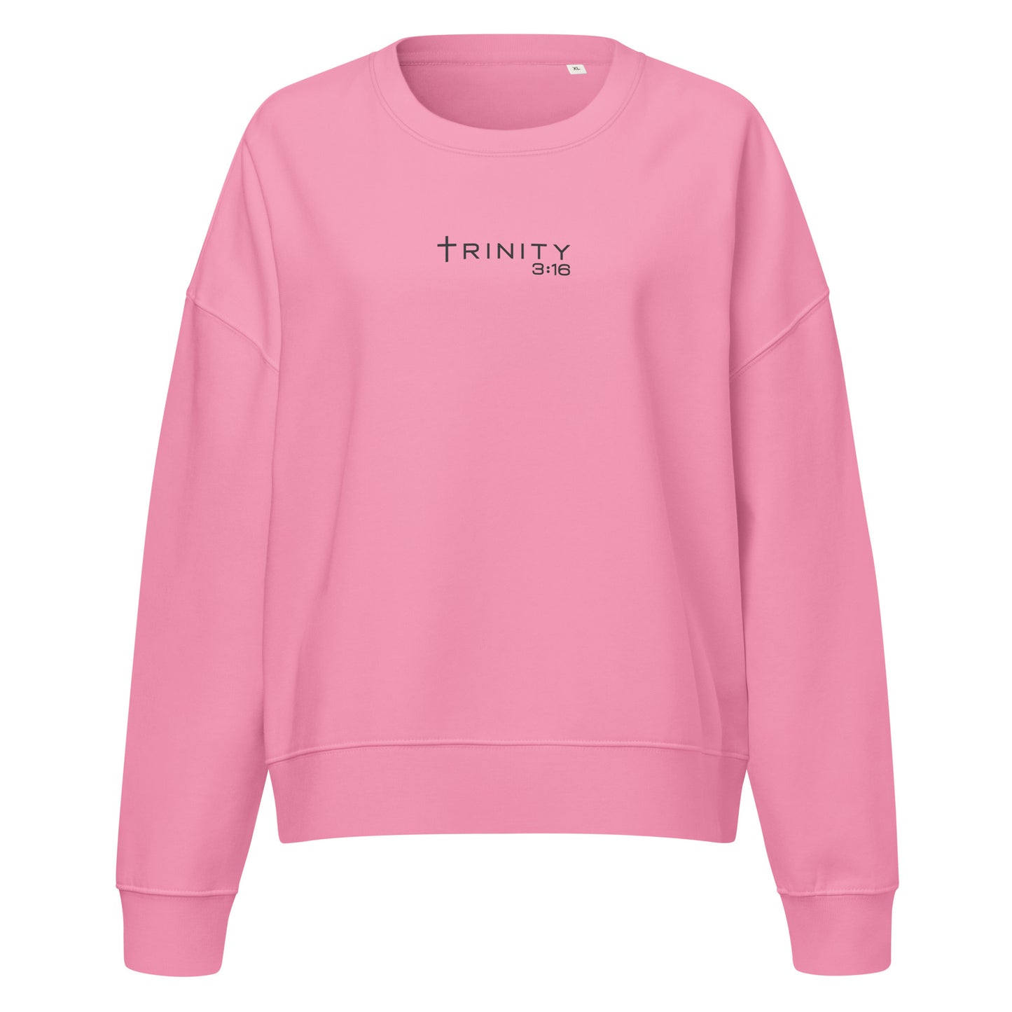 John 3:16 Christian womens crewneck in pink— Trinity 3:16 faith apparel
