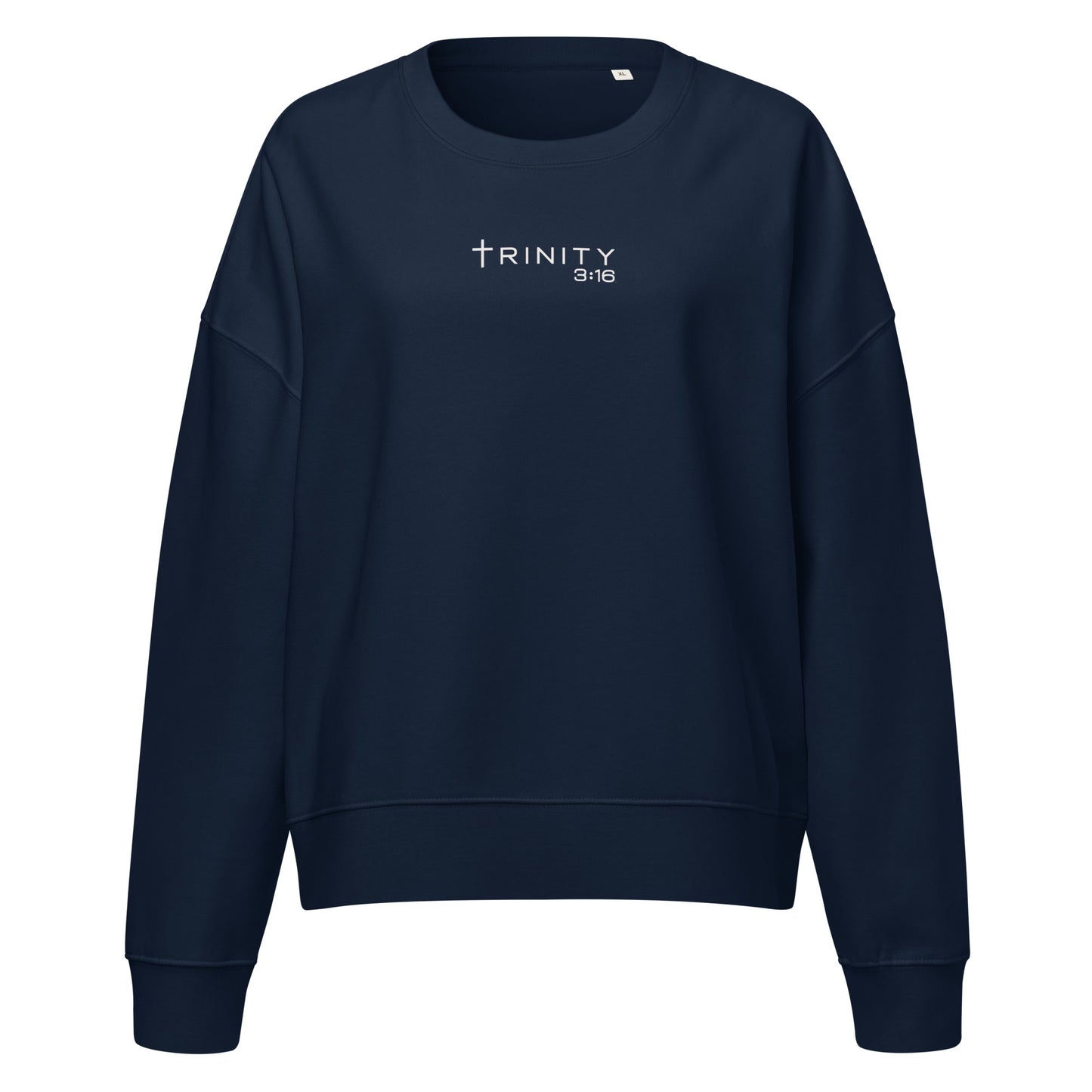 Trinity 3:16 Logo Christian womens crewneck in navy— Trinity 3:16 faith apparel