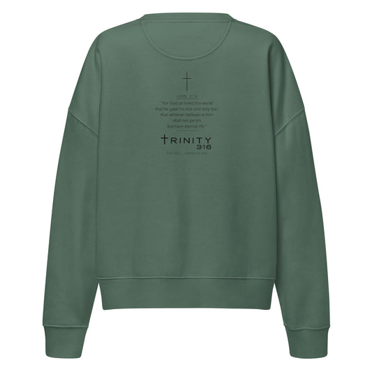John 3:16 Christian womens crewneck in green— Trinity 3:16 faith apparel