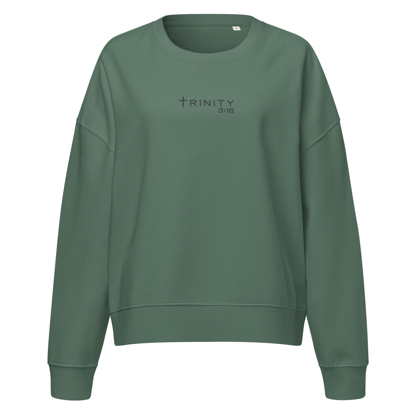 John 3:16 Christian womens crewneck in green— Trinity 3:16 faith apparel
