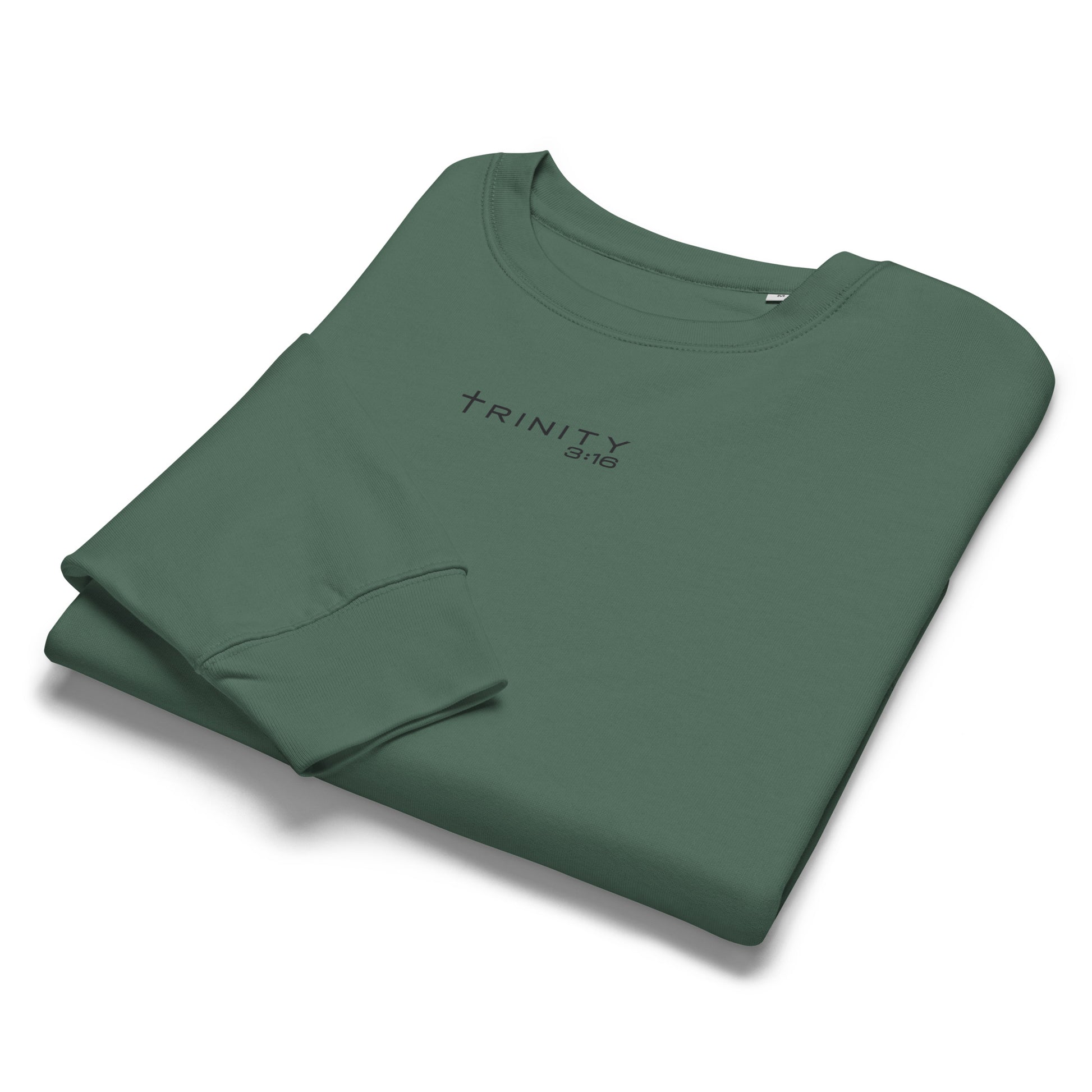 John 3:16 Christian womens crewneck in green— Trinity 3:16 faith apparel