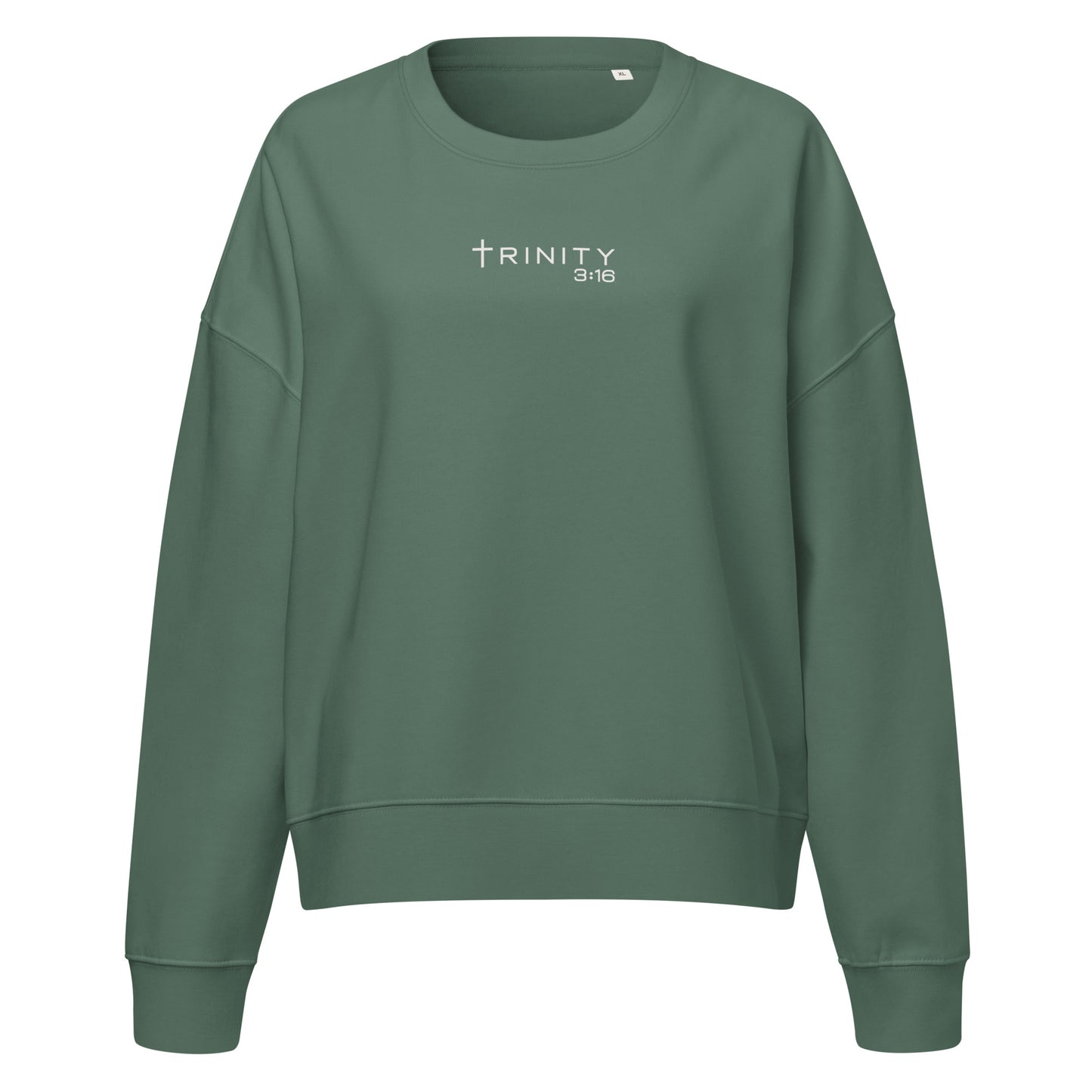 Trinity 3:16 Logo Christian womens crewneck in green— Trinity 3:16 faith apparel