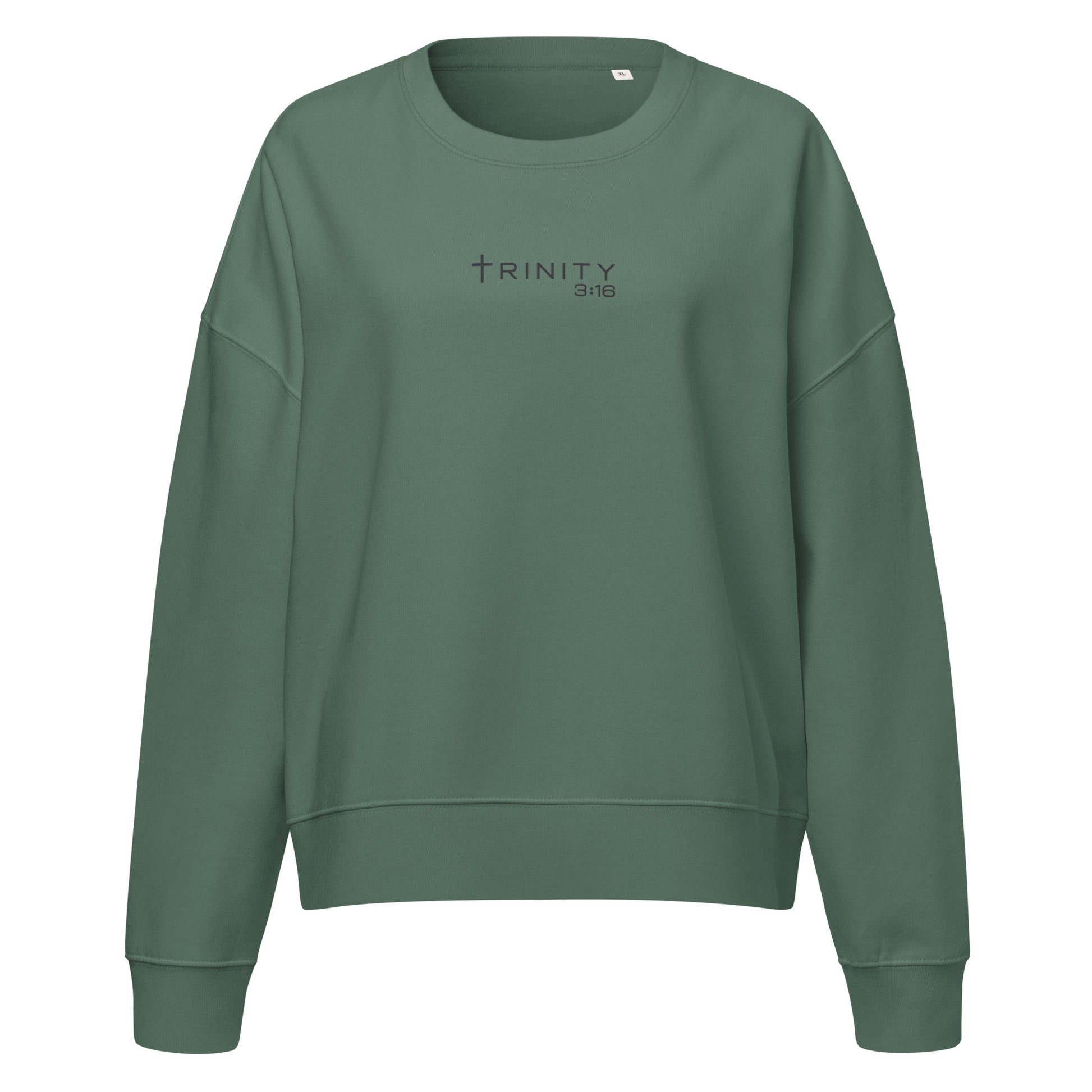 Trinity 3:16 Logo Christian womens crewneck in green— Trinity 3:16 faith apparel