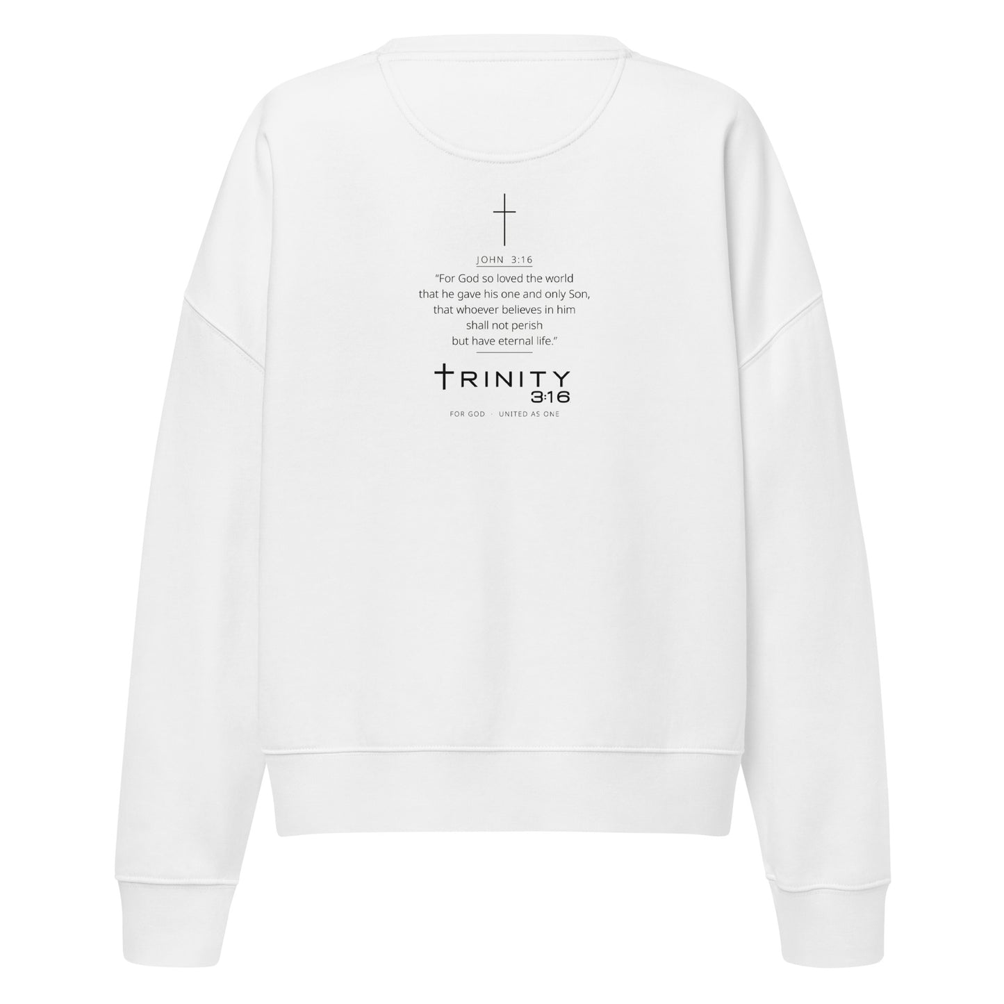 John 3:16 Christian womens crewneck in white— Trinity 3:16 faith apparel