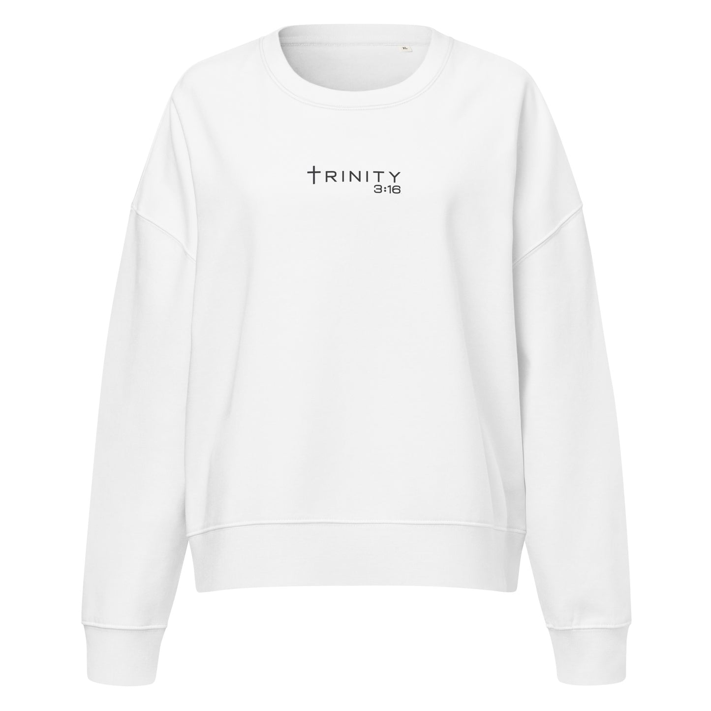 John 3:16 Christian womens crewneck in white— Trinity 3:16 faith apparel