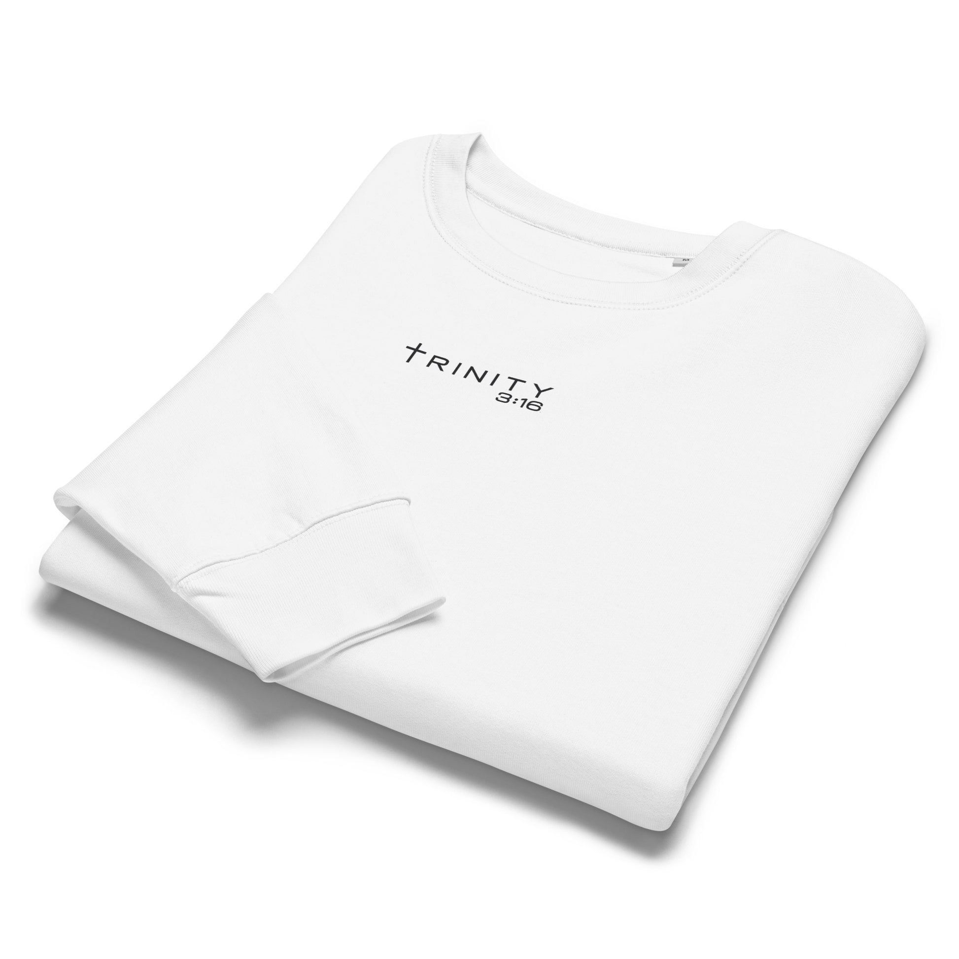 John 3:16 Christian womens crewneck in white— Trinity 3:16 faith apparel