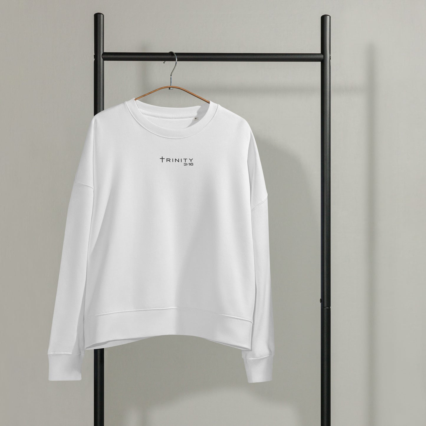 John 3:16 Christian womens crewneck in white— Trinity 3:16 faith apparel
