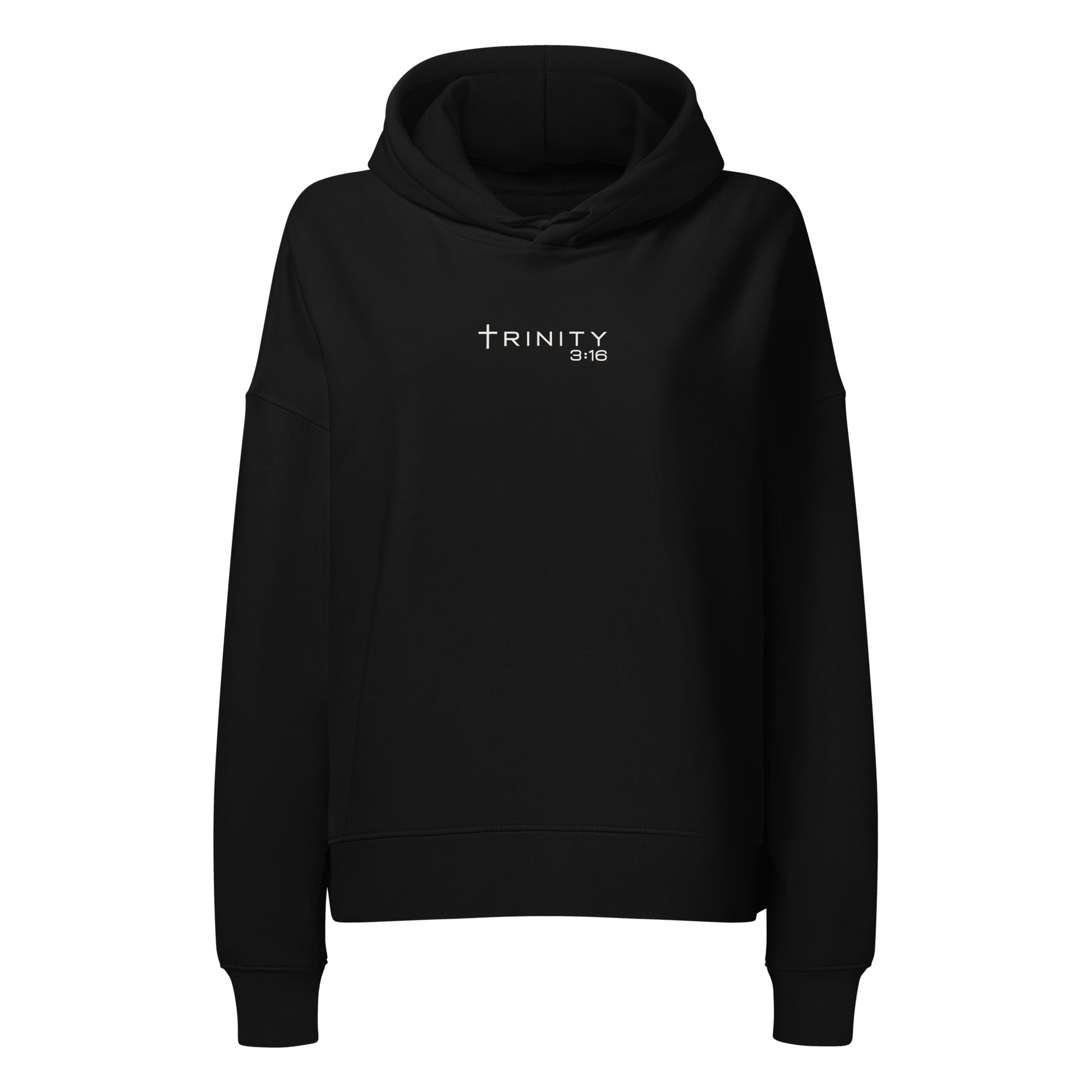 John 3:16 Christian womens hoodie in black — Trinity 3:16 faith apparel