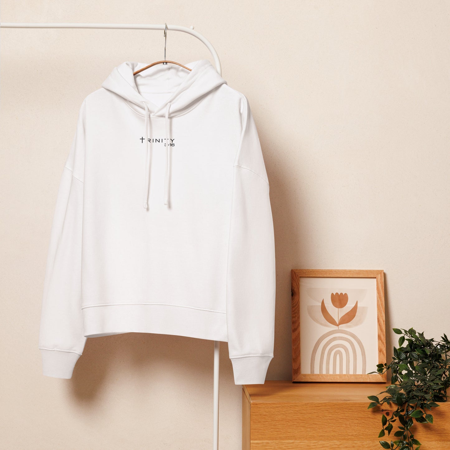 Trinity 3:16 Logo Christian womens hoodie in white— Trinity 3:16 faith apparel