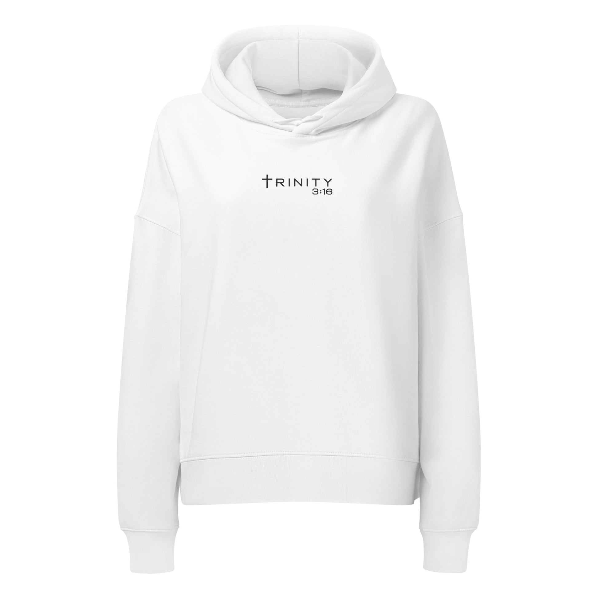 Trinity 3:16 Logo Christian womens hoodie in white— Trinity 3:16 faith apparel