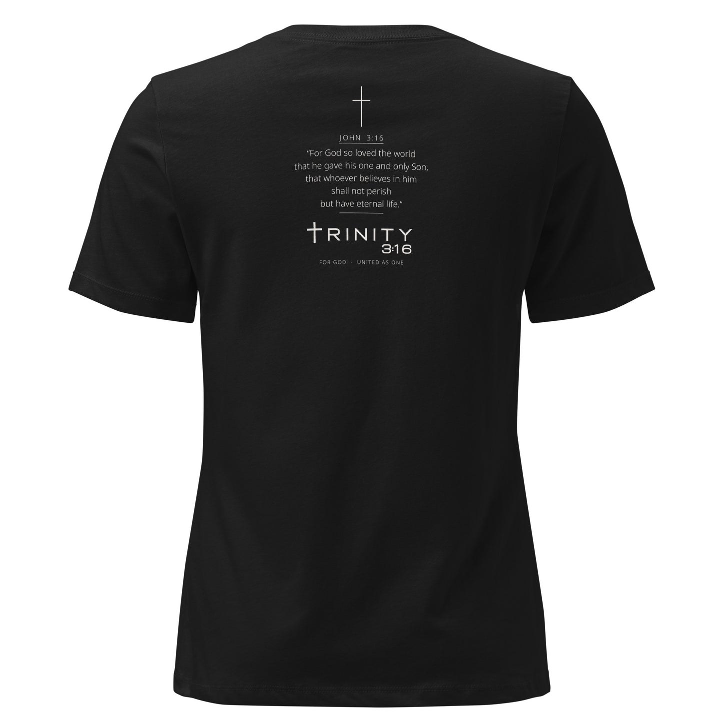 John 3:16 Christian womens tee in black — Trinity 3:16 faith apparel