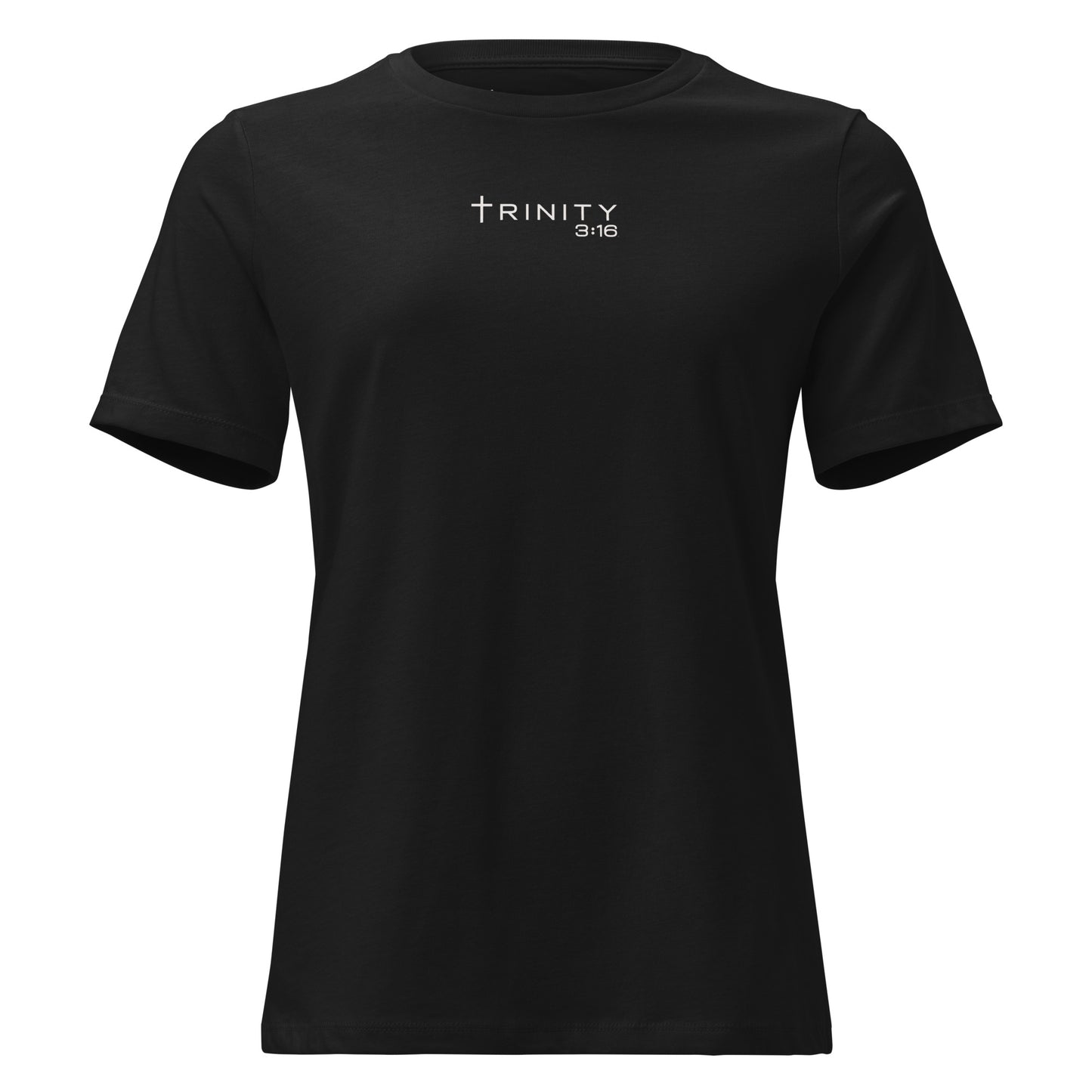 Trinity 3:16 Logo Christian womens tee in black — Trinity 3:16 faith apparel
