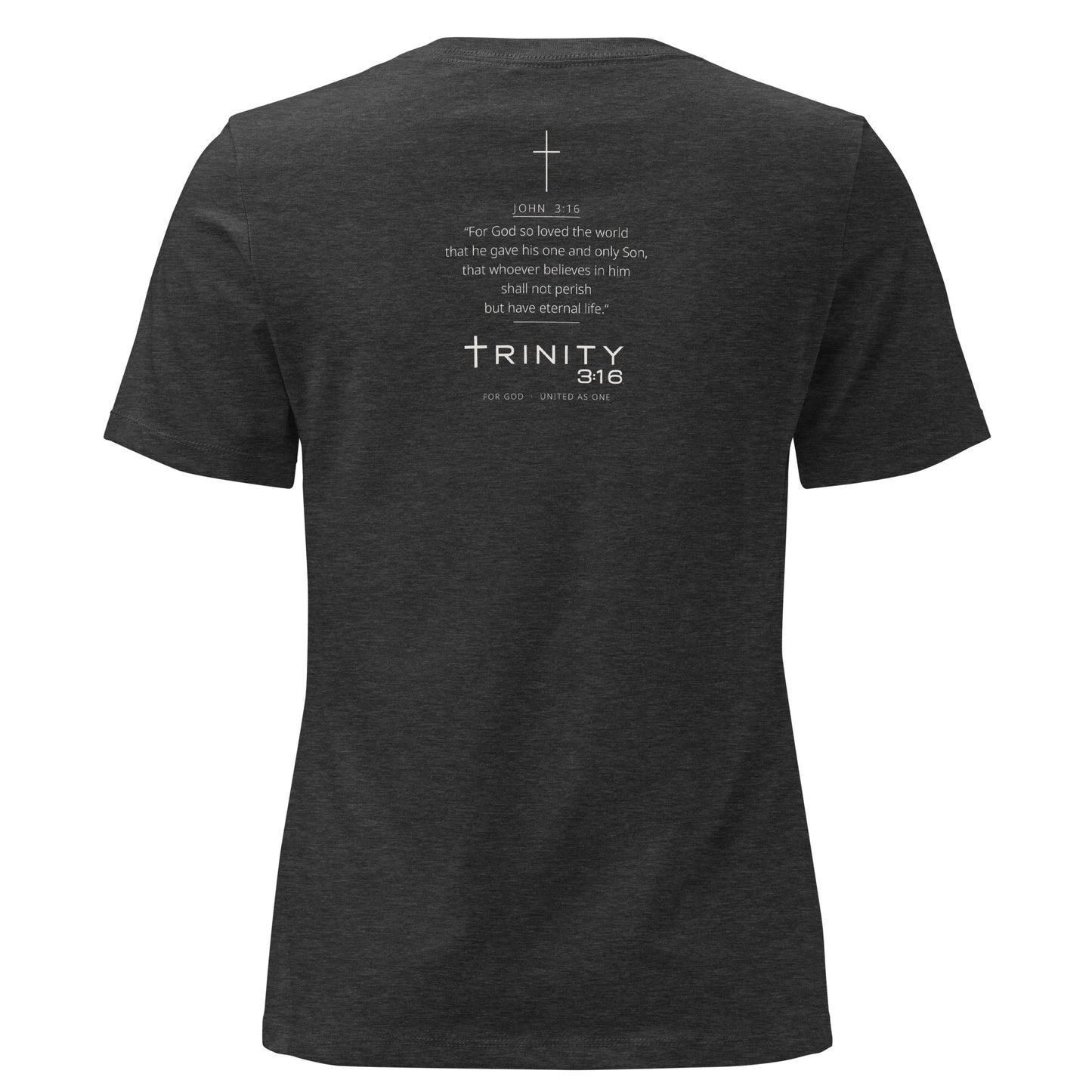 John 3:16 Christian womens tee in dark grey heather — Trinity 3:16 faith apparel