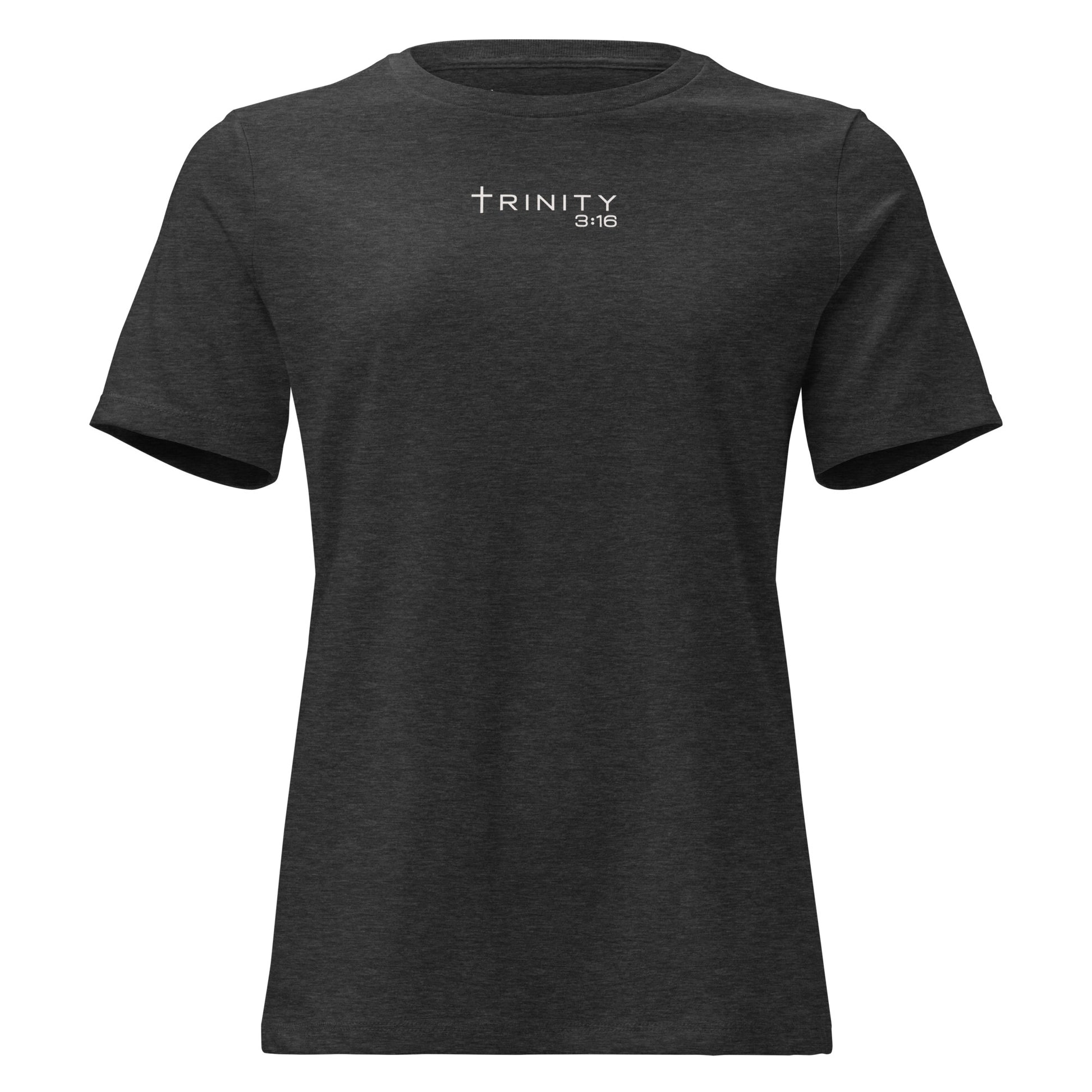 John 3:16 Christian womens tee in dark grey heather — Trinity 3:16 faith apparel