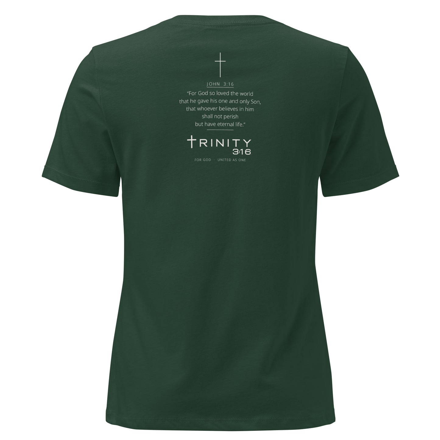 John 3:16 Christian womens tee in forest green — Trinity 3:16 faith apparel