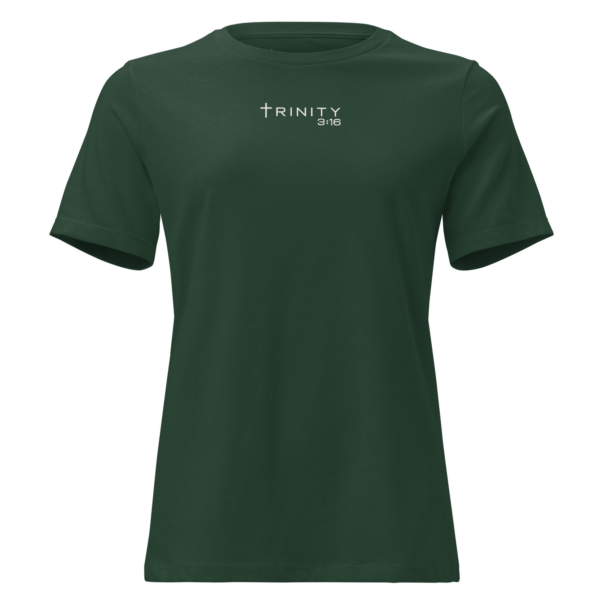 John 3:16 Christian womens tee in forest green — Trinity 3:16 faith apparel
