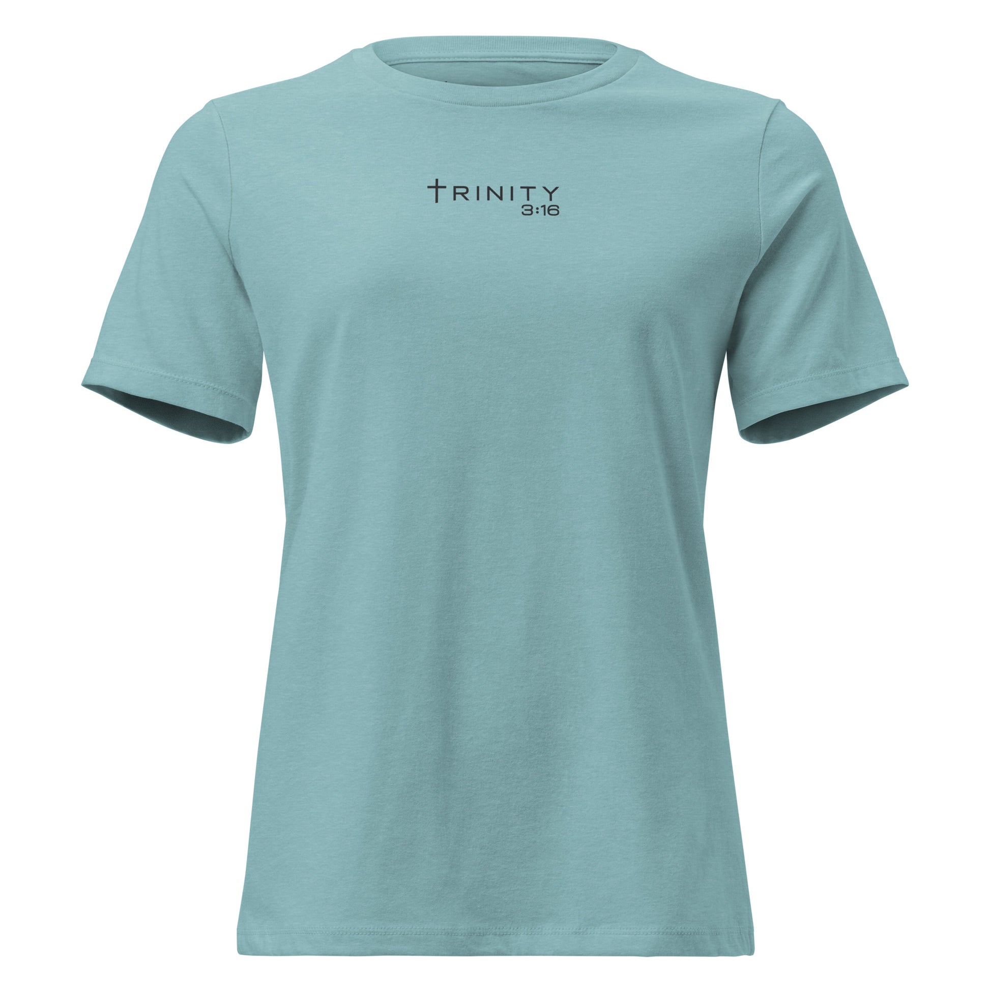 Trinity 3:16 Logo Christian womens tee in heather blue lagoon — Trinity 3:16 faith apparel