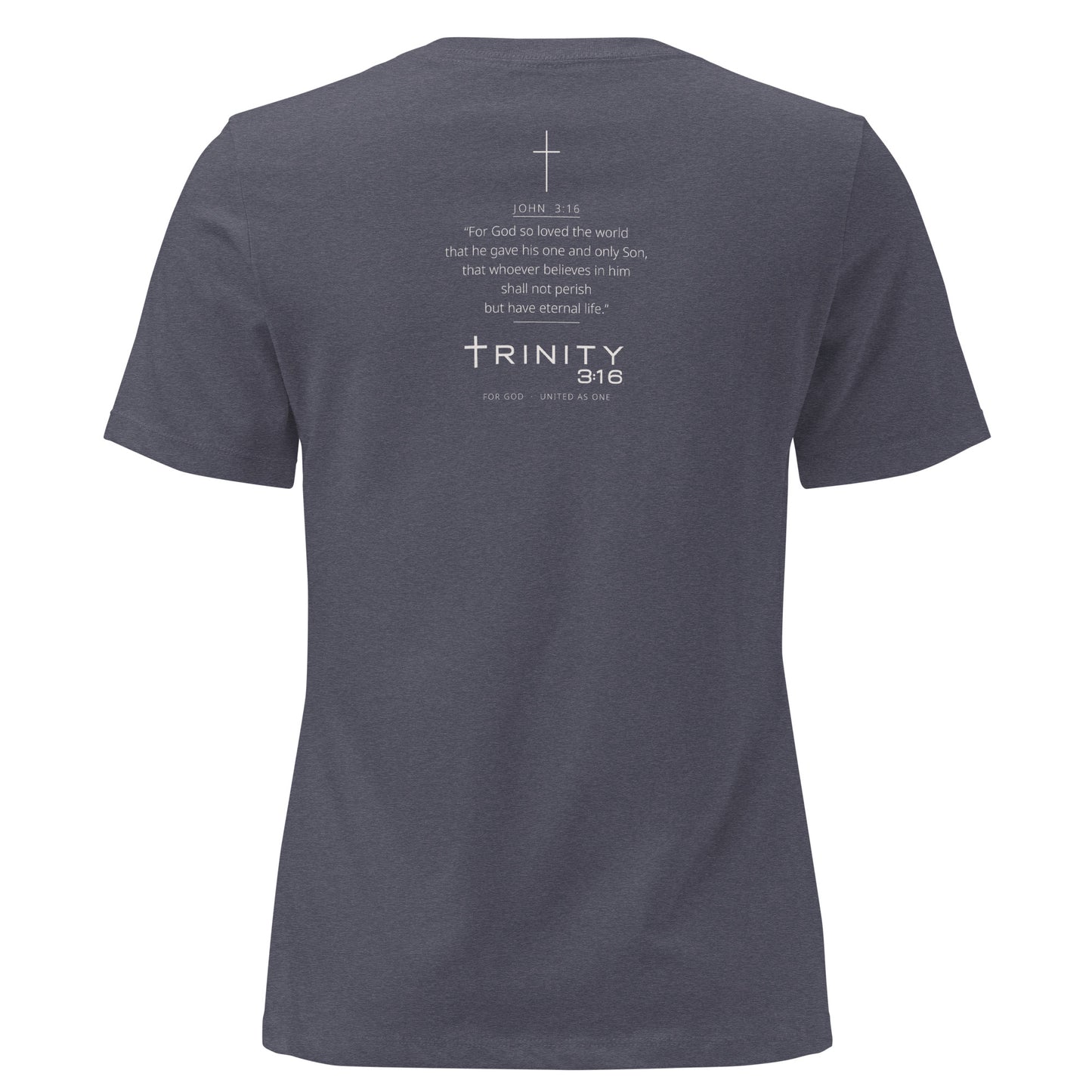 John 3:16 Christian womens tee in heather navy — Trinity 3:16 faith apparel