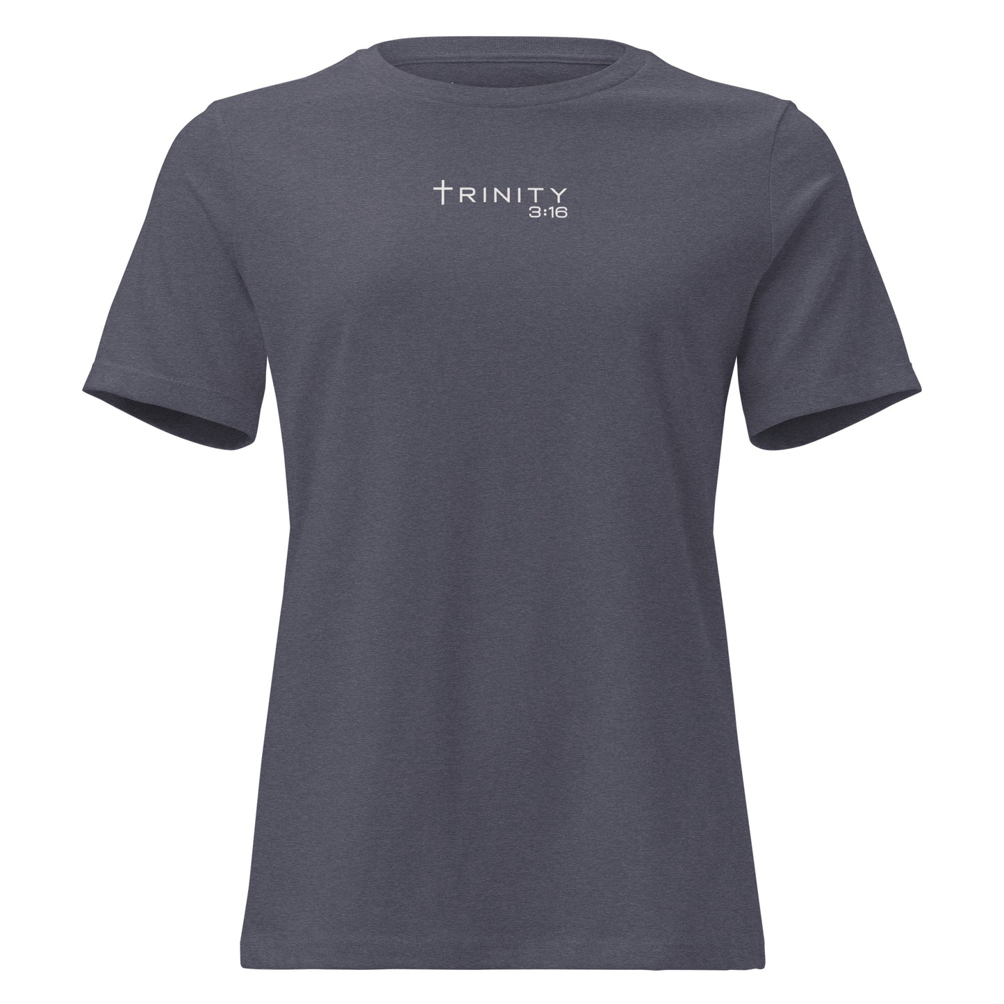 Trinity 3:16 Logo Christian womens tee in heather navy — Trinity 3:16 faith apparel