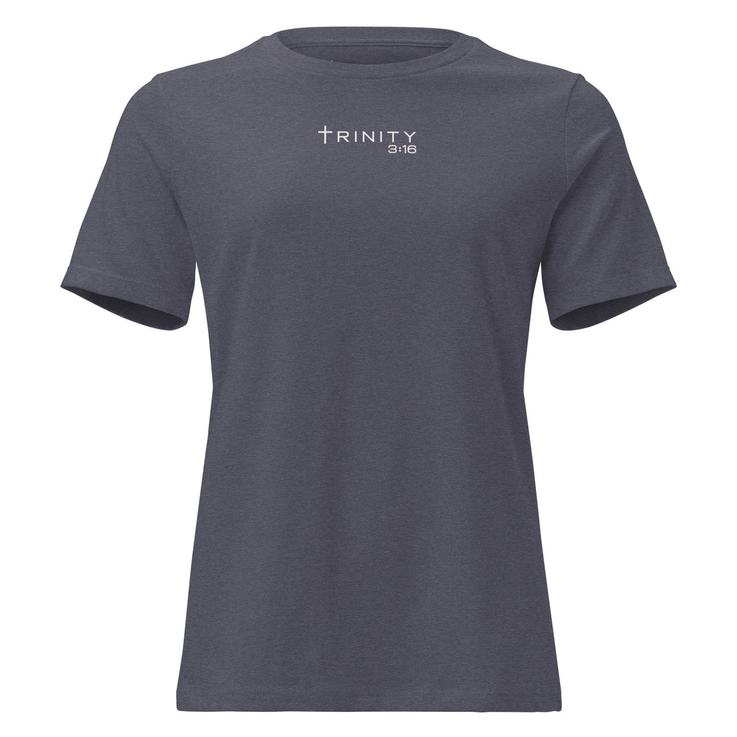 John 3:16 Christian womens tee in heather navy — Trinity 3:16 faith apparel