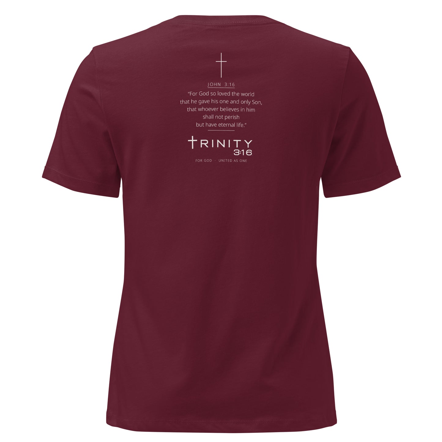 John 3:16 Christian womens tee in maroon — Trinity 3:16 faith apparel
