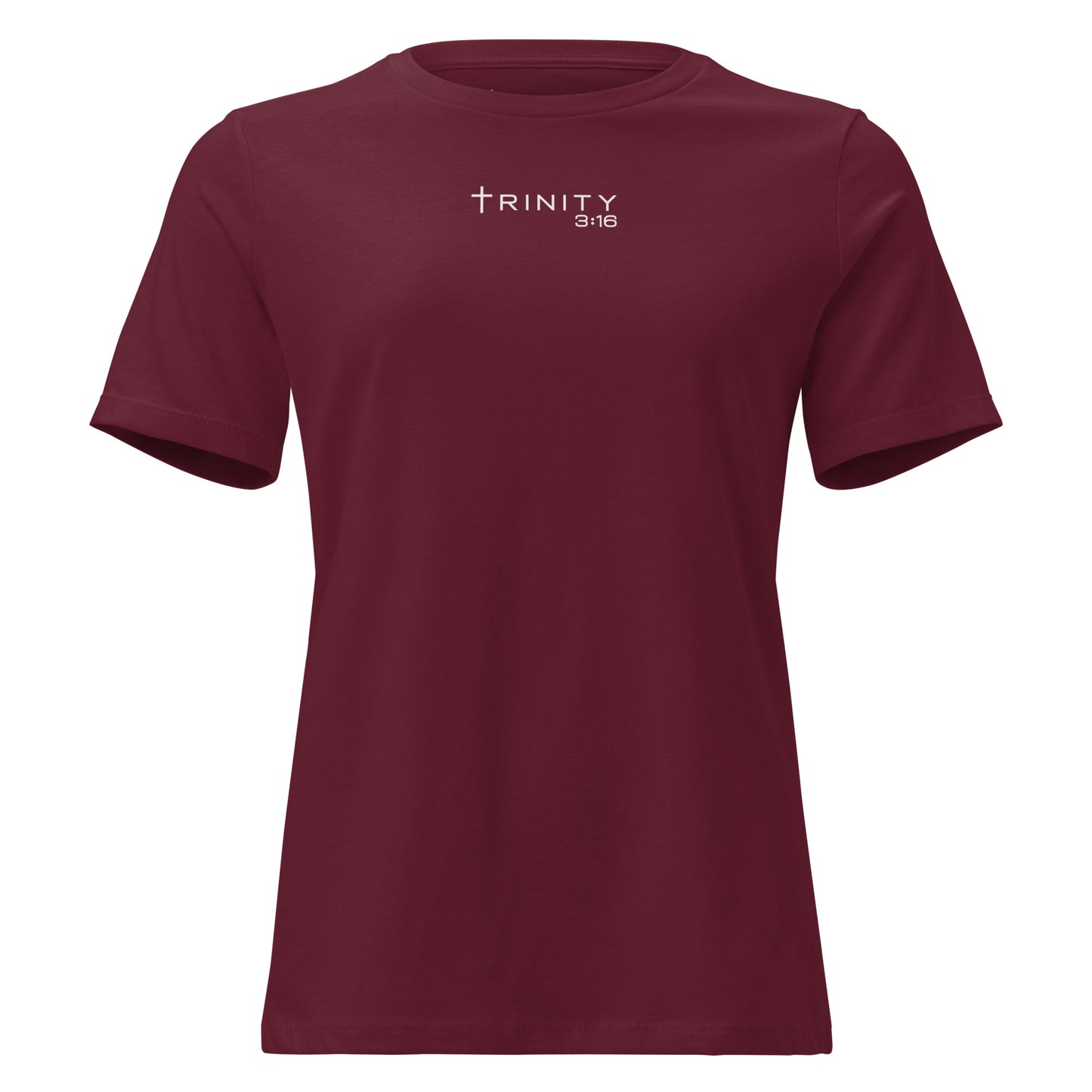 John 3:16 Christian womens tee in maroon — Trinity 3:16 faith apparel