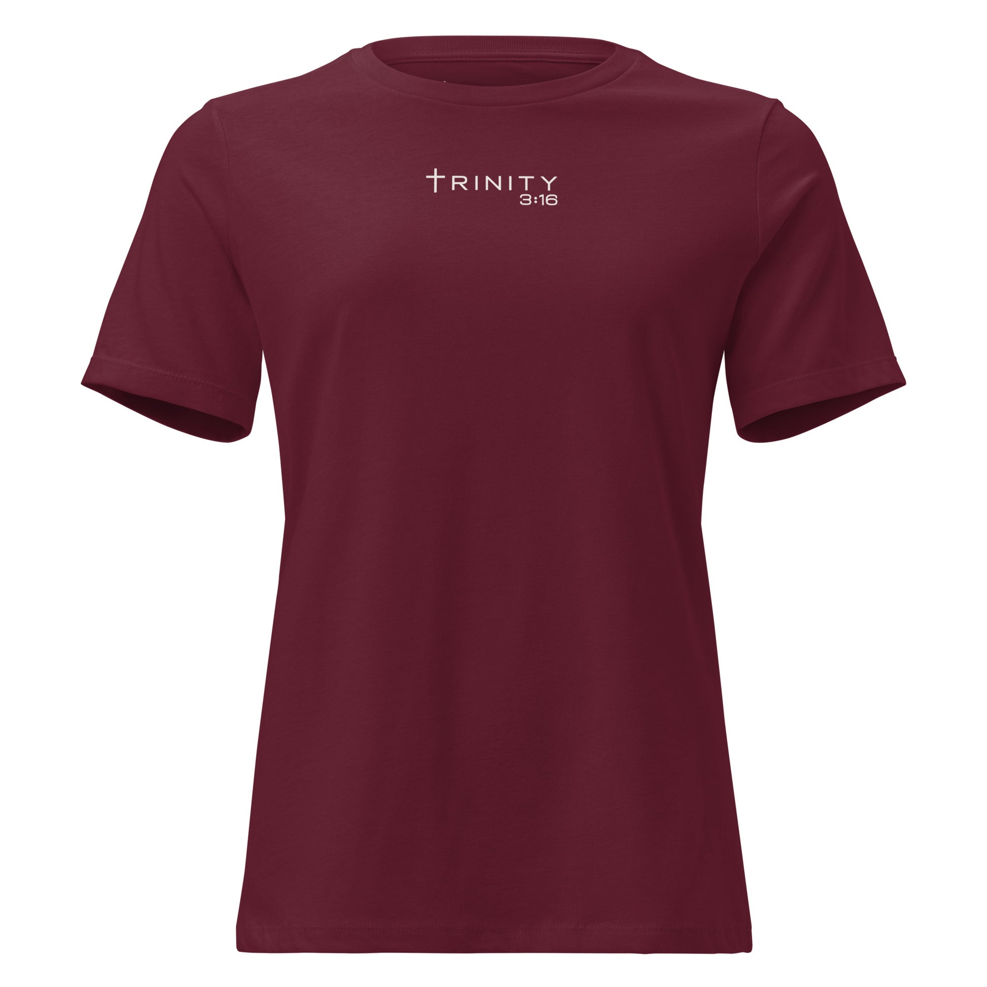 John 3:16 Christian womens tee in maroon — Trinity 3:16 faith apparel