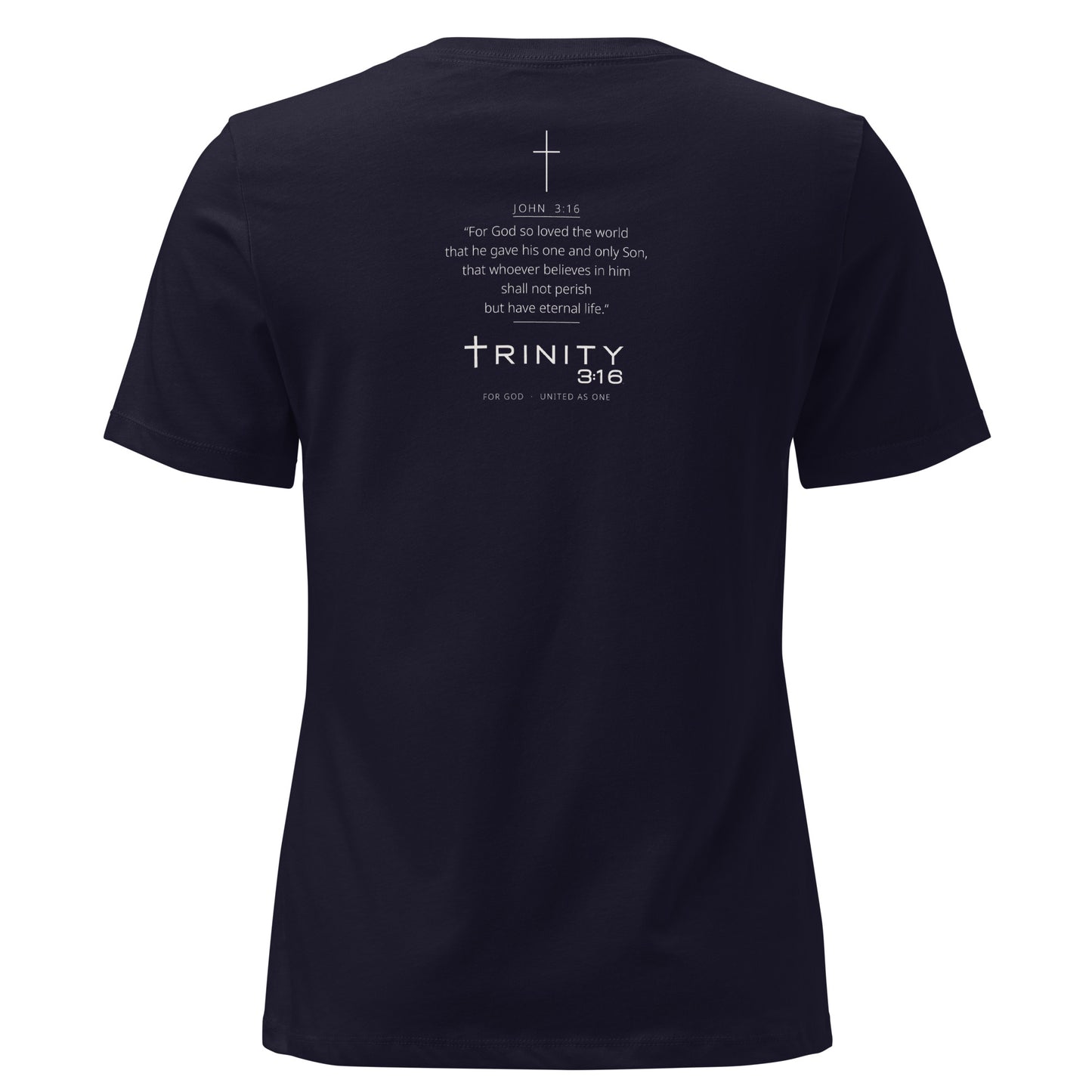 John 3:16 Christian womens tee in navy — Trinity 3:16 faith apparel