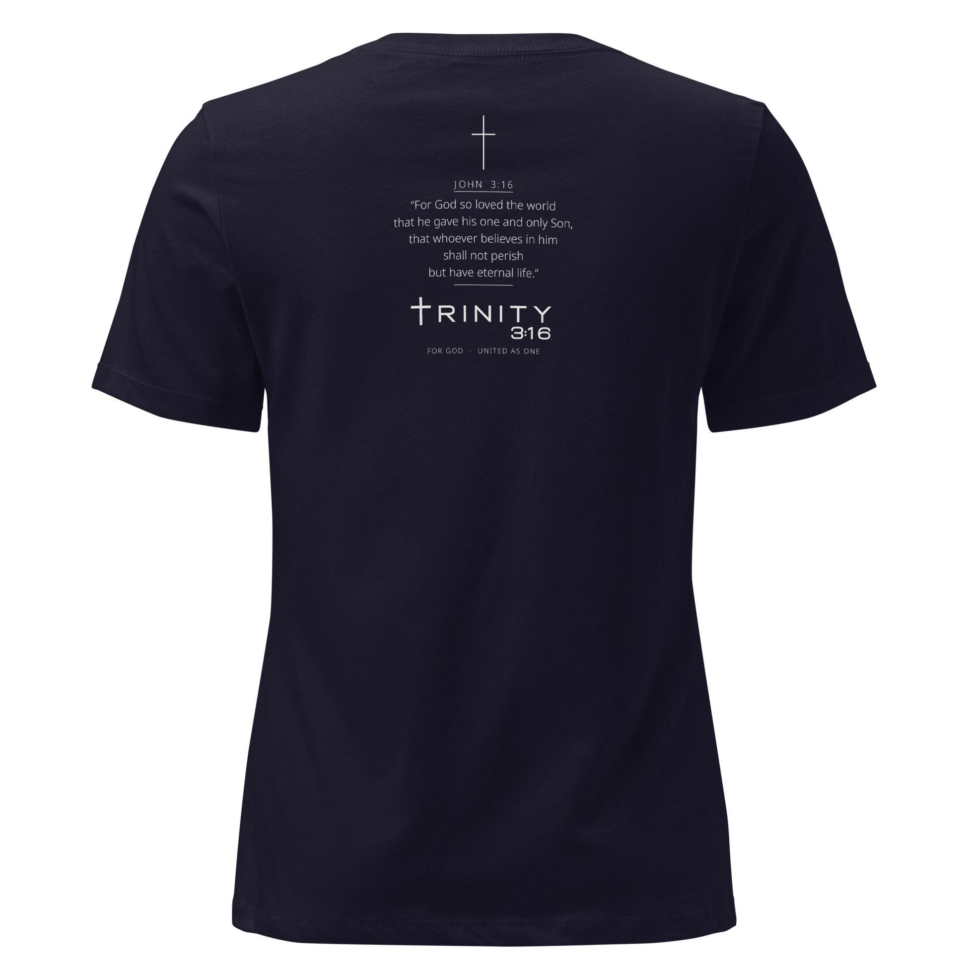 John 3:16 Christian womens tee in navy — Trinity 3:16 faith apparel