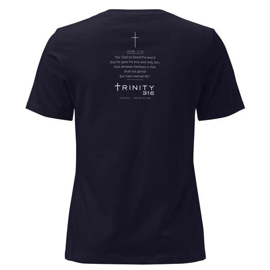 John 3:16 Christian womens tee in navy — Trinity 3:16 faith apparel