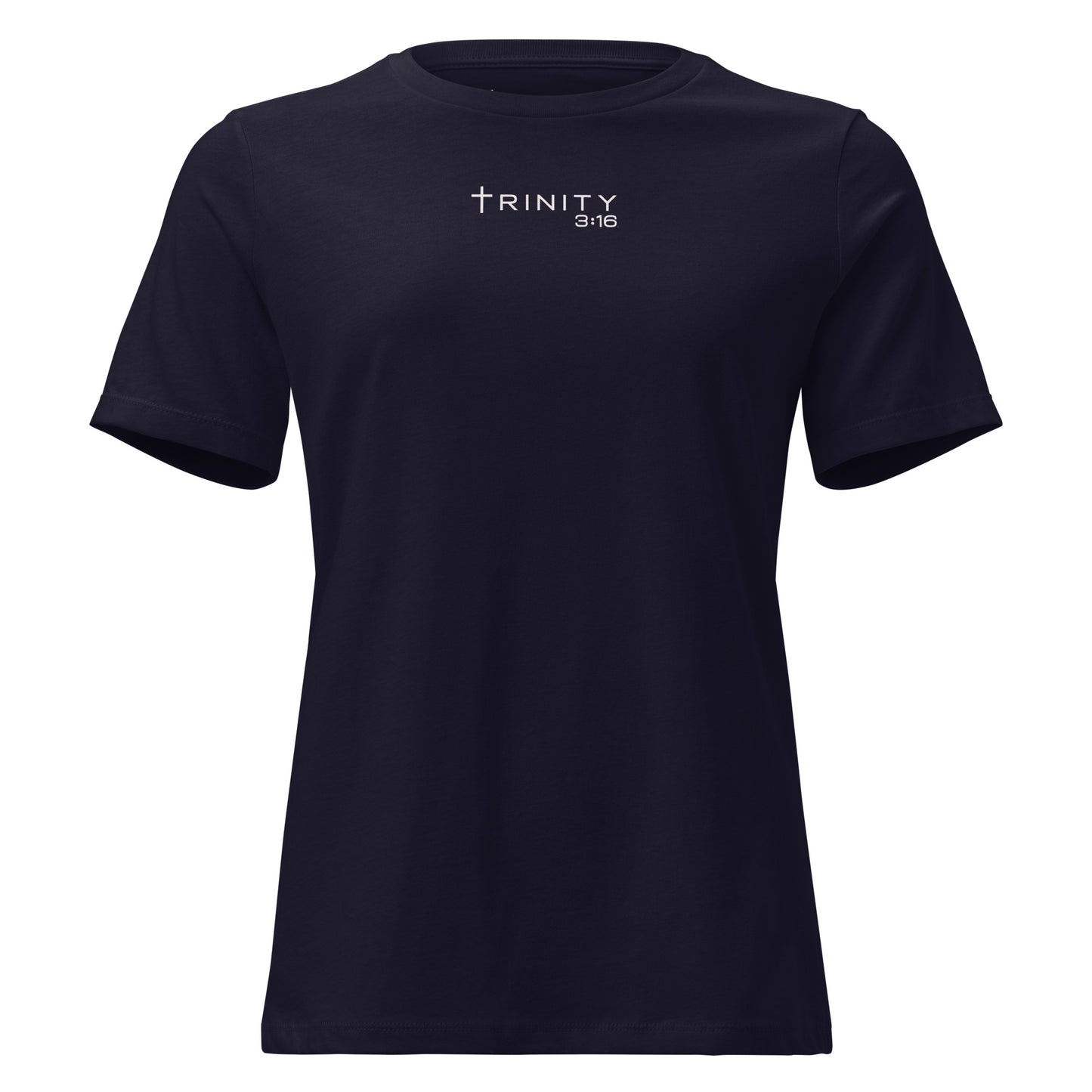 John 3:16 Christian womens tee in navy — Trinity 3:16 faith apparel