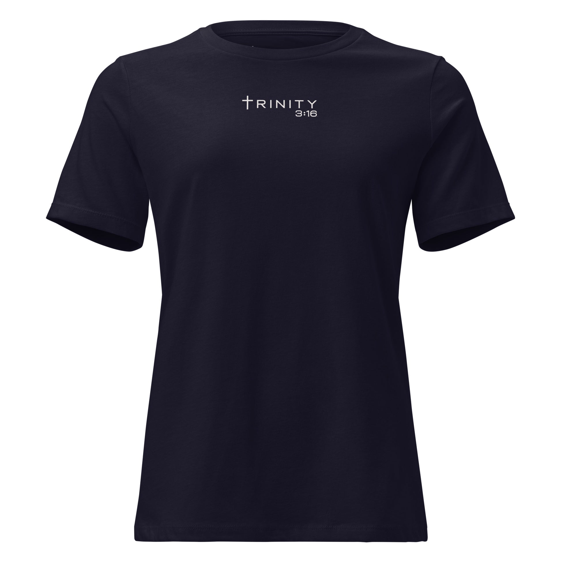 John 3:16 Christian womens tee in navy — Trinity 3:16 faith apparel